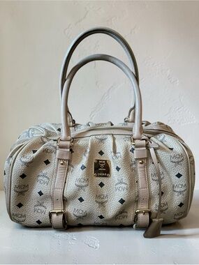 MCM Cream Logo-Print Satchel with Gold Hardware